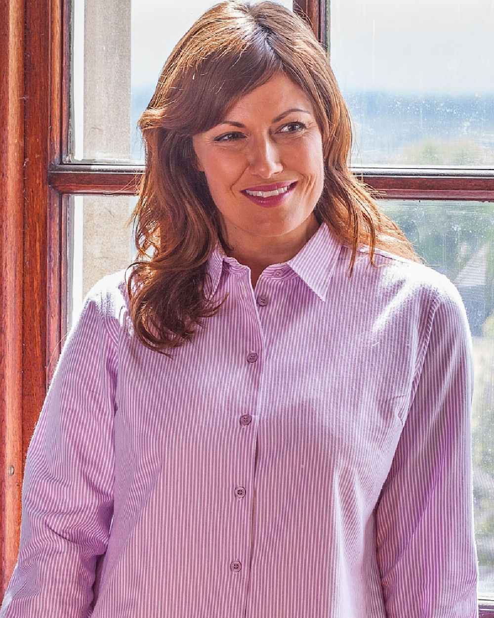 Lavender Stripe Coloured Hoggs of Fife Bonnie II Ladies Cotton Shirt on window background #colour_lavender-stripe