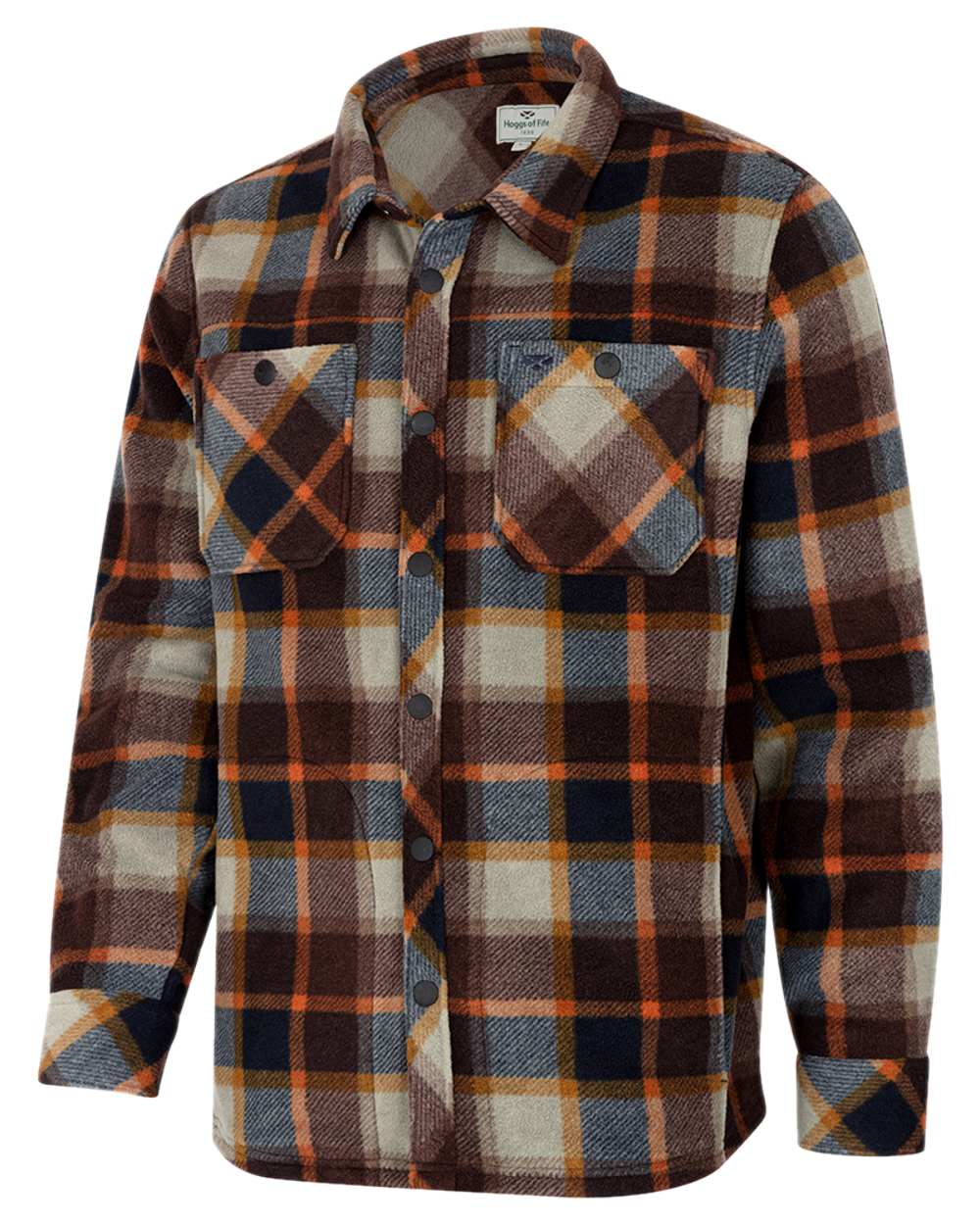 Brown Navy Coloured Hoggs of Fife Brucefield Fleece Shacket on white background #colour_brown-navy