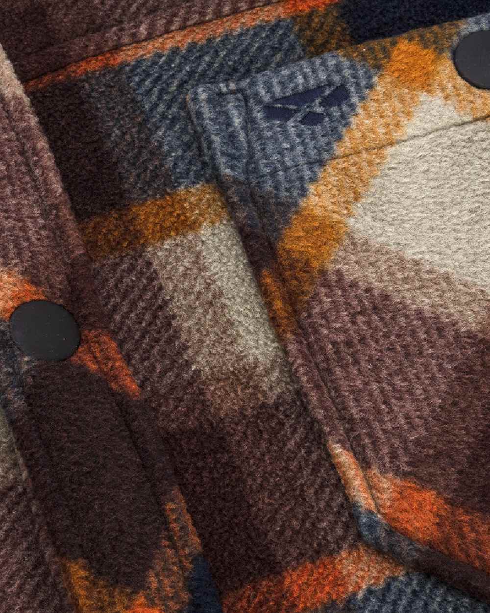 Brown Navy Coloured Hoggs of Fife Brucefield Fleece Shacket on white background #colour_brown-navy
