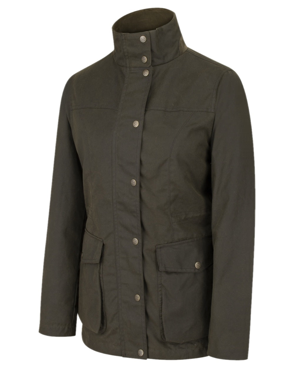 Antique Olive Coloured Hoggs of Fife Caledonia Ladies Antique Wax Jacket on white background #colour_antique-olive