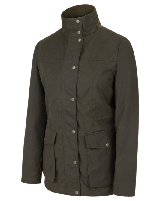 Antique Olive Coloured Hoggs of Fife Caledonia Ladies Antique Wax Jacket on white background #colour_antique-olive