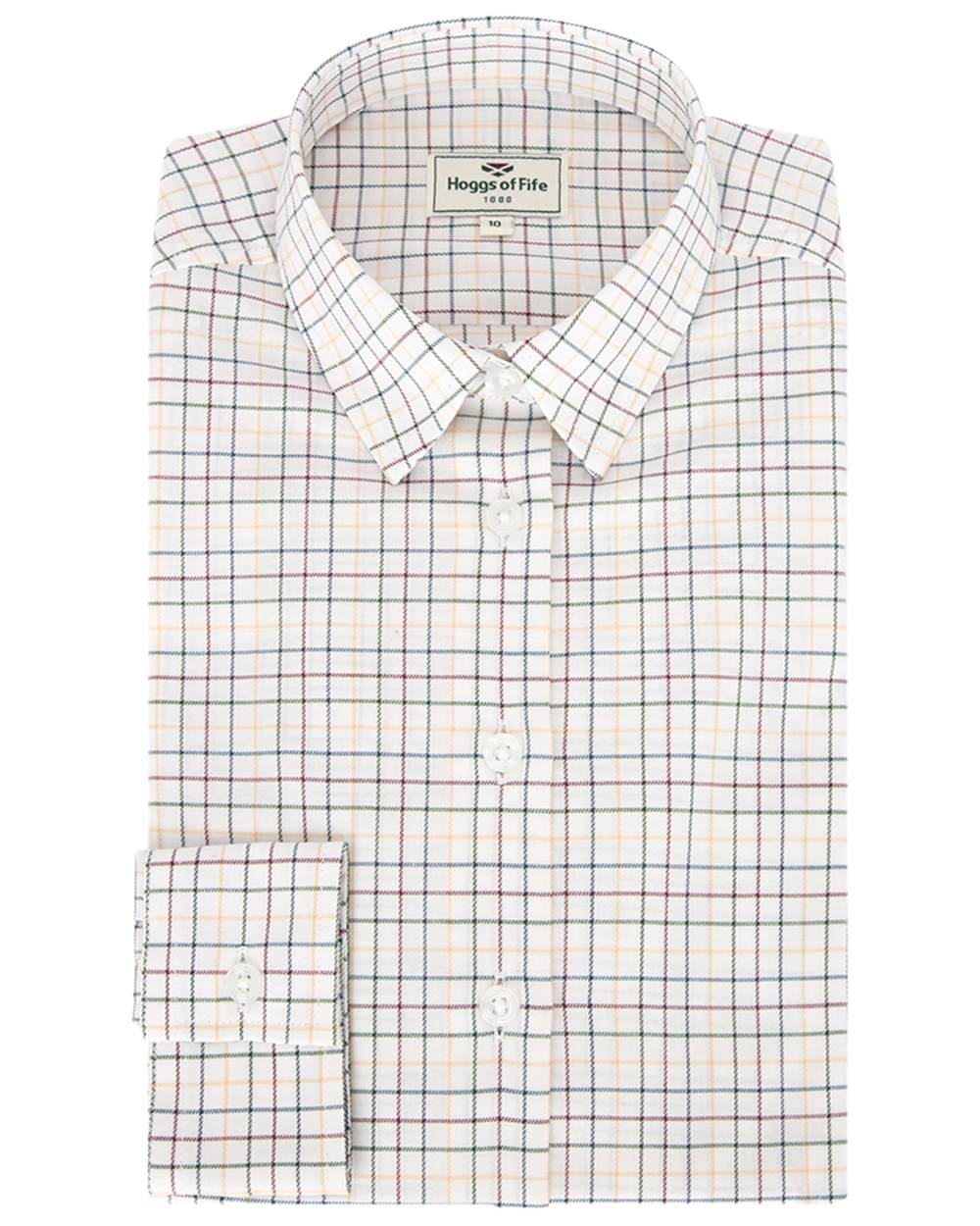 White Green Yellow Red Coloured Hoggs of Fife Callie Twill Ladies Check Shirt on white background #colour_white-green-yellow-red