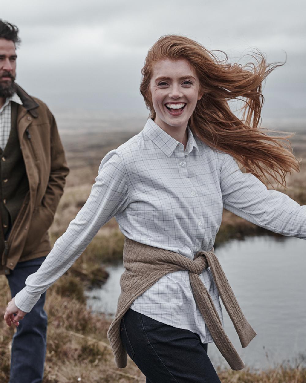 White Pink Blue Coloured Hoggs of Fife Callie Twill Ladies Check Shirt on lake background #colour_white-pink-blue