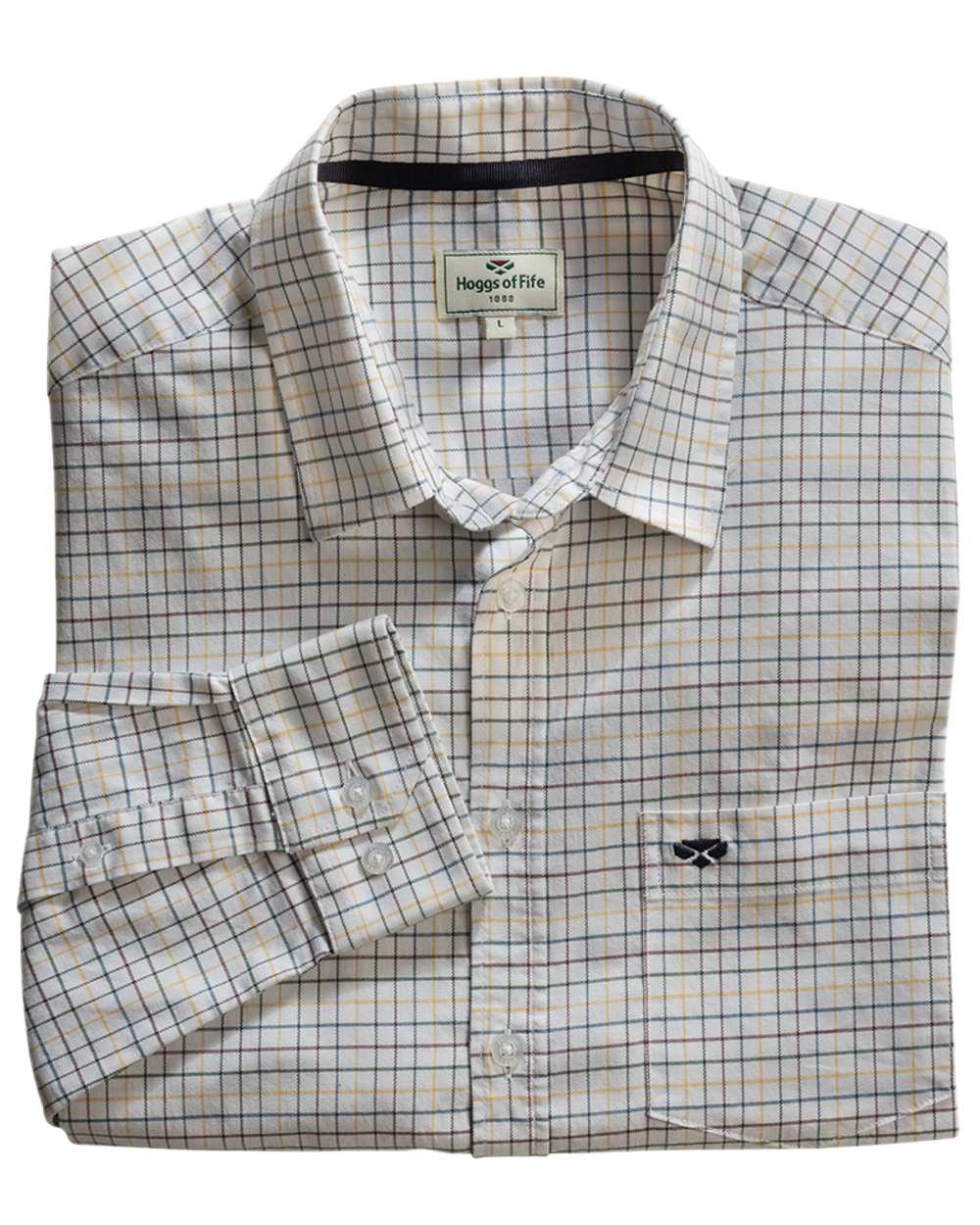 Green Gold Coloured Hoggs of Fife Callum Country Check Shirt on white background #colour_green-gold