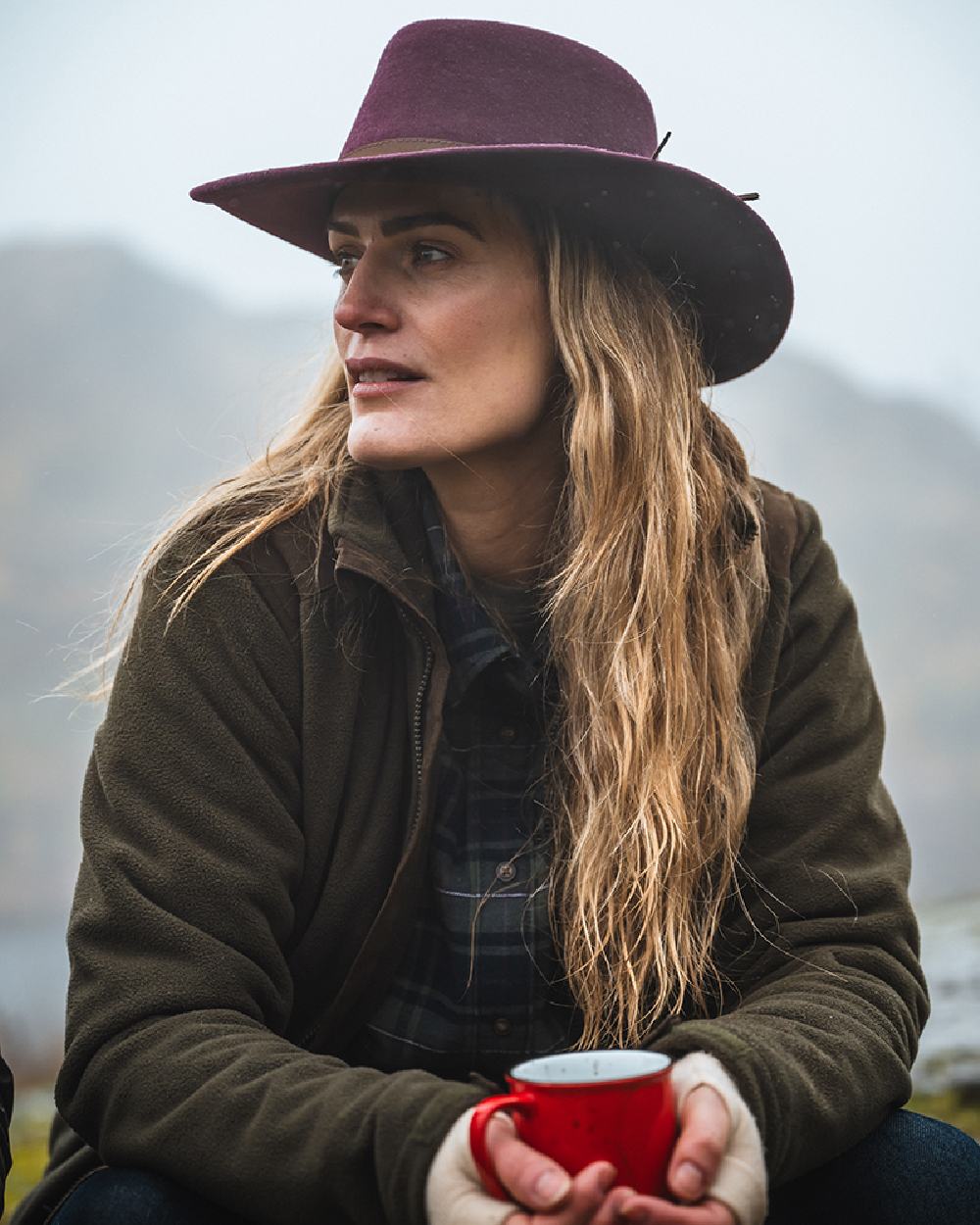 Fen Green Coloured Hoggs of Fife Carrbridge Ladies Waterproof Fleece Jacket on blurry background #colour_fen-green