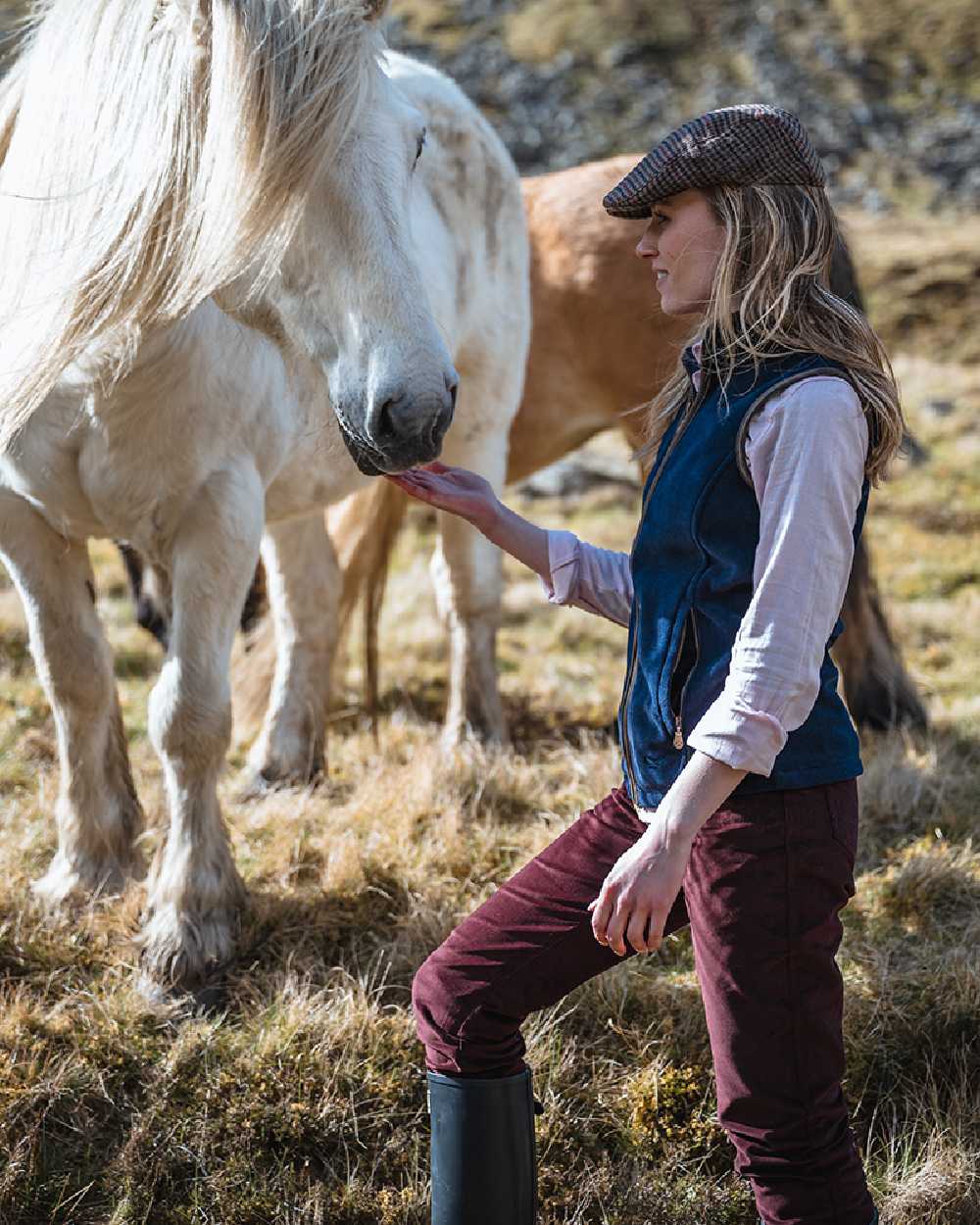 Merlot Coloured Hoggs of Fife Ceres Ladies Stretch Cord Jeans on countryside background #colour_merlot