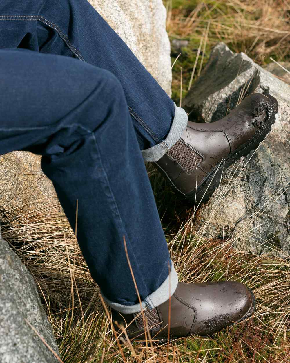 Dark Brown Coloured Hoggs of Fife Classic Safety Dealer Boot on countryside background #colour_dark-brown