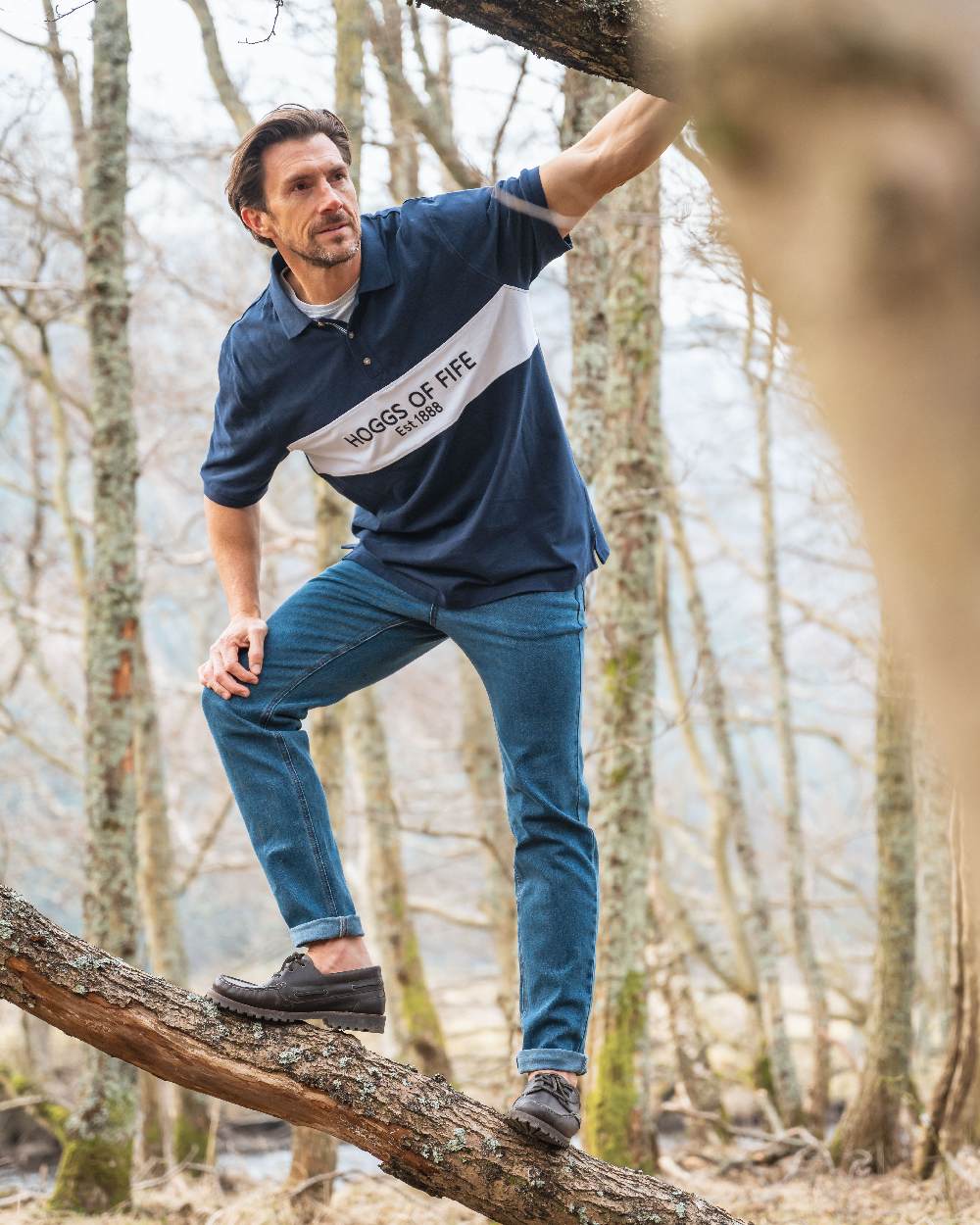 Stonewash Coloured Hoggs of Fife Clyde Comfort Denim Jeans on forest background #colour_stonewash