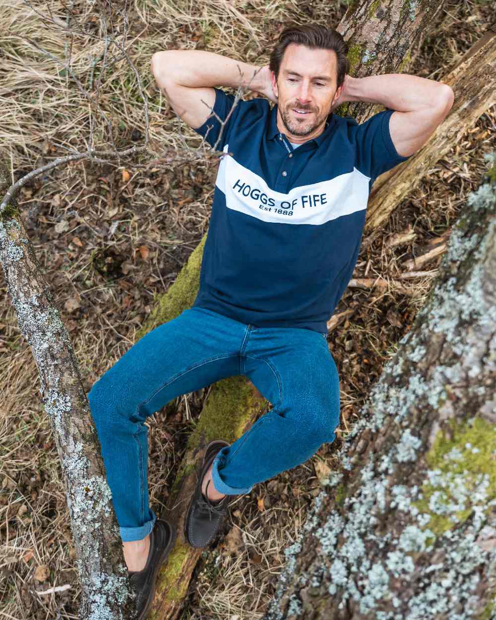 Stonewash Coloured Hoggs of Fife Clyde Comfort Denim Jeans on forest background #colour_stonewash