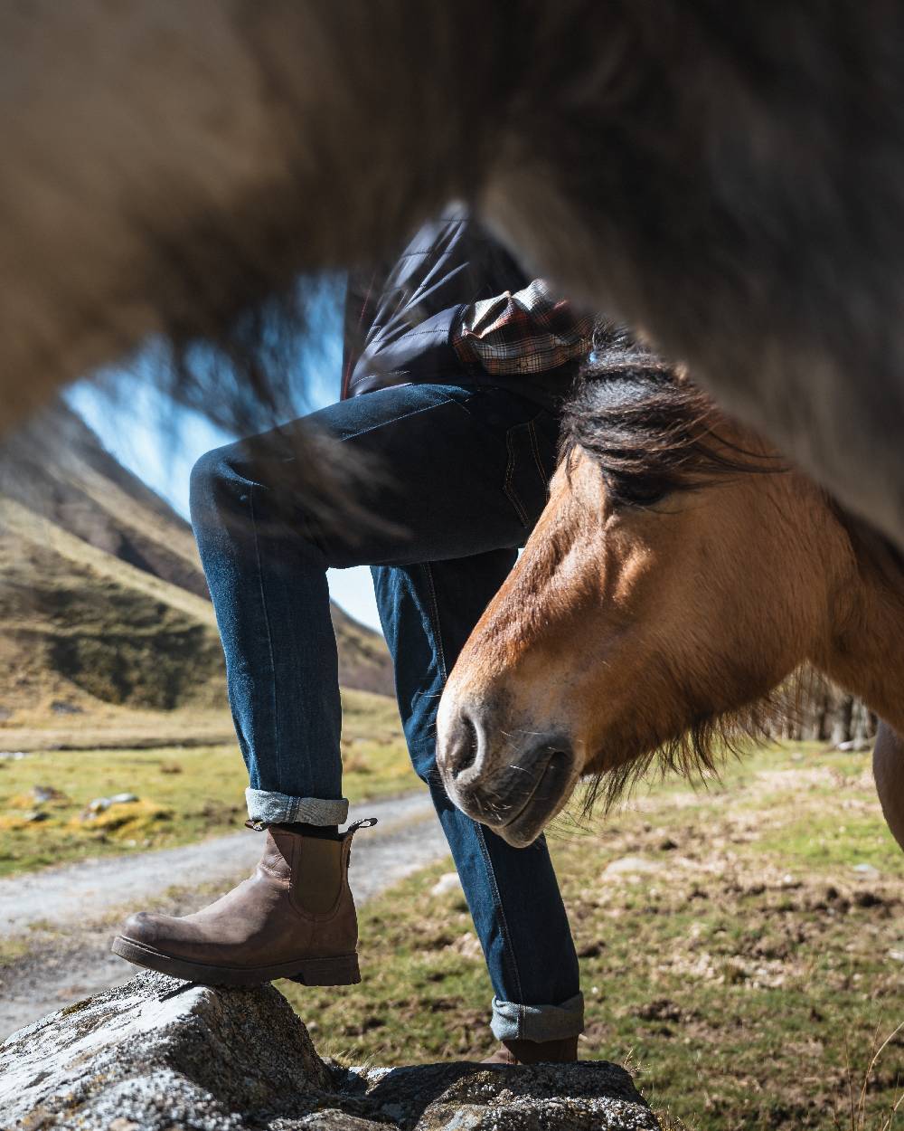 Indigo Coloured Hoggs of Fife Dee Stretch Denim Jeans on mountain background #colour_indigo