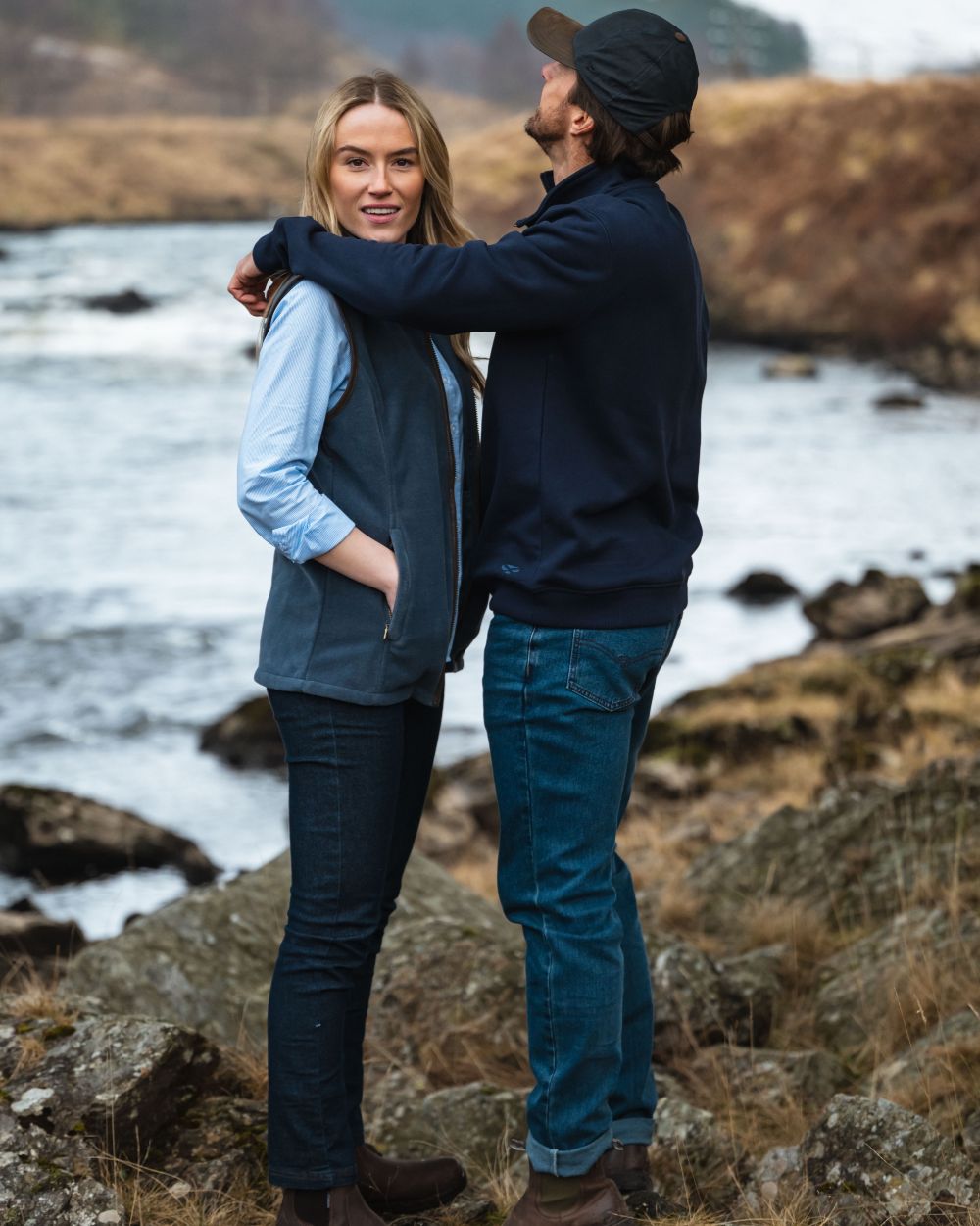 Indigo Coloured Hoggs of Fife Dee Stretch Denim Jeans on lake background #colour_indigo