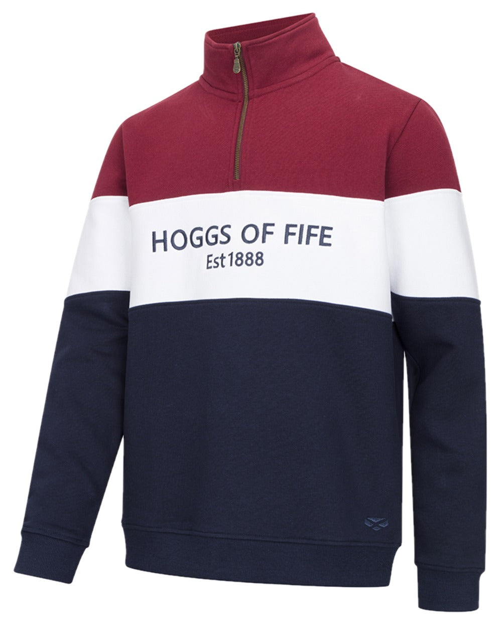 Burgundy White Navy Coloured Hoggs of Fife Dumfries 1888 Mens Quarter Zip Sweatshirt on white background #colour_burgundy-white-navy