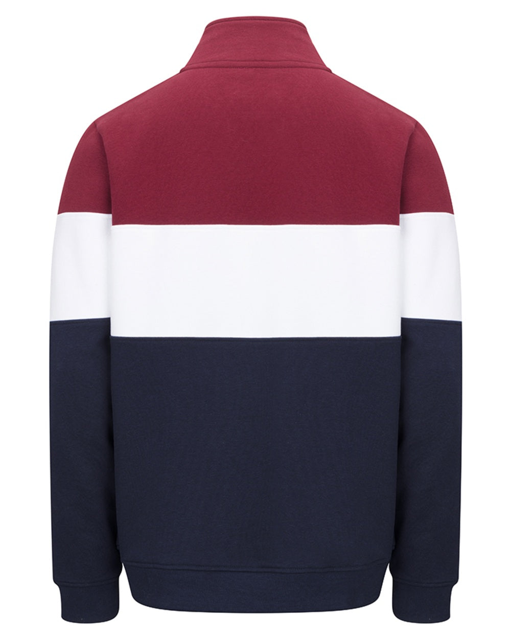 Burgundy White Navy Coloured Hoggs of Fife Dumfries 1888 Mens Quarter Zip Sweatshirt on white background #colour_burgundy-white-navy