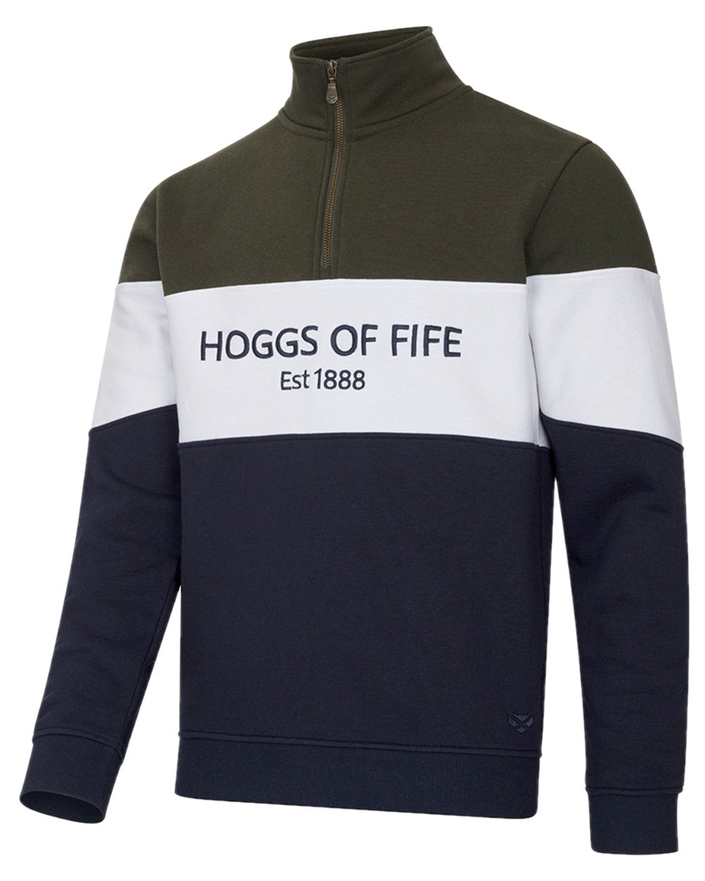 Forest White Navy Coloured Hoggs of Fife Dumfries 1888 Mens Quarter Zip Sweatshirt on white background #colour_forest-white-navy