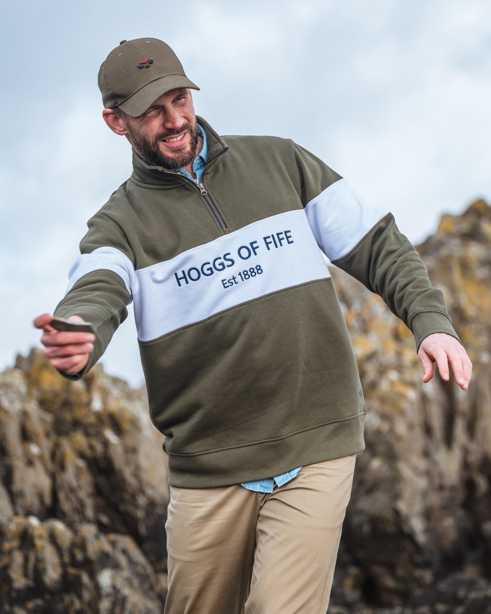 Lovat White Coloured Hoggs of Fife Dumfries 1888 Mens Quarter Zip Sweatshirt on mountain background #colour_lovat-white