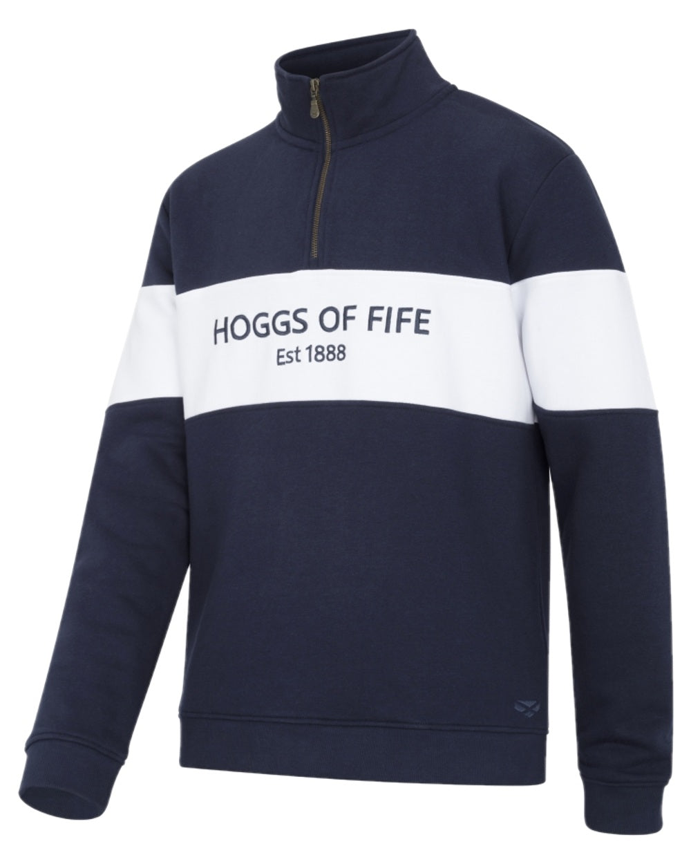 Navy White Coloured Hoggs of Fife Dumfries 1888 Mens Quarter Zip Sweatshirt on white background #colour_navy-white
