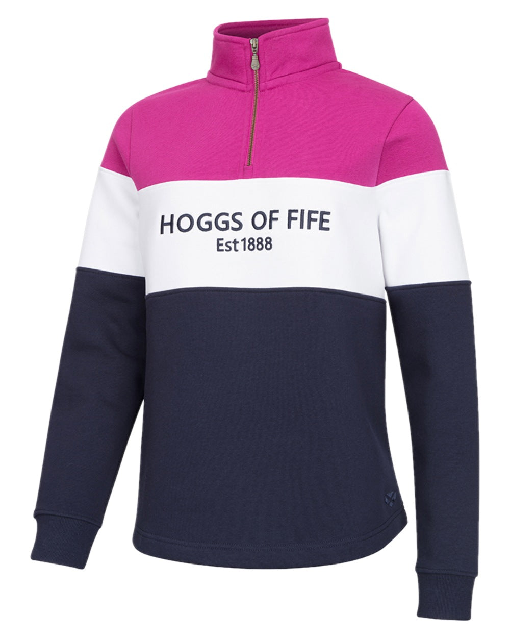 Berry White Navy Coloured Hoggs of Fife Dumfries 1888 Womens Quarter Zip Sweatshirt on white background #colour_berry-white-navy