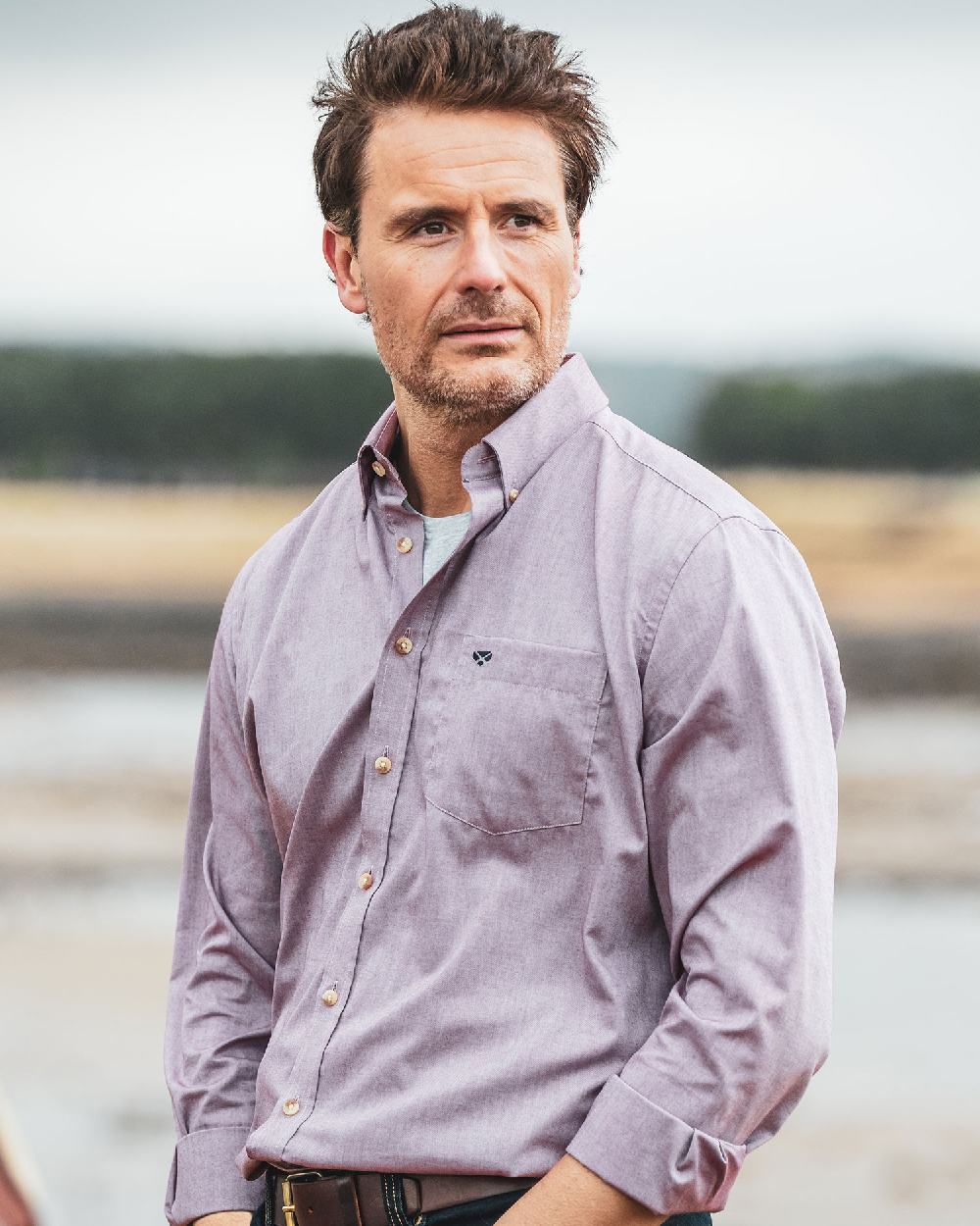 Wine Coloured Hoggs of Fife Dunedin Plain Oxford Shirt on blurry background #colour_wine
