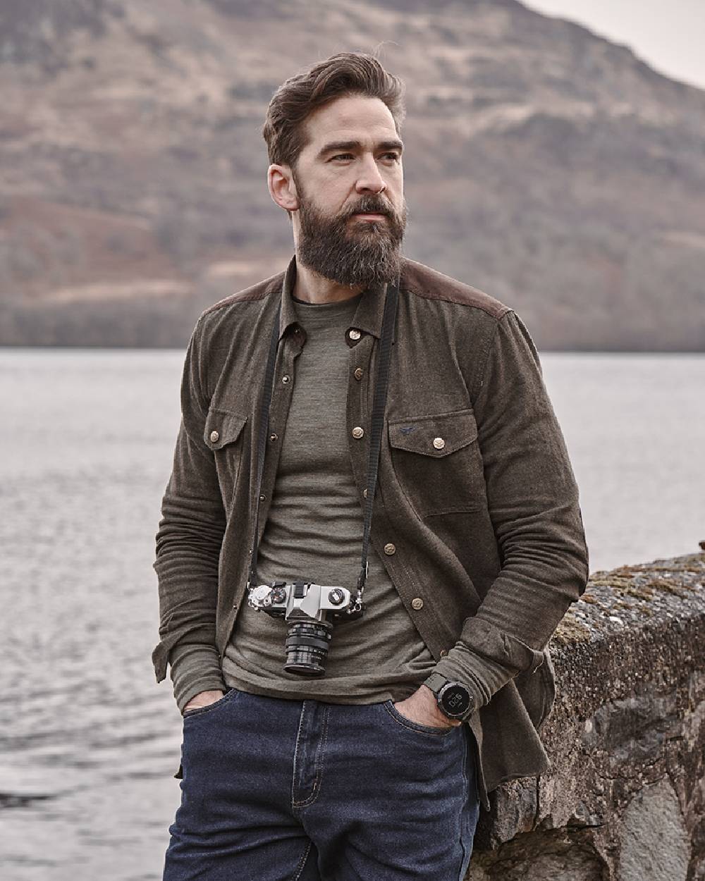 Loden Marl Coloured Hoggs of Fife Dunvegan Flannel Shirt on mountain background #colour_loden-marl