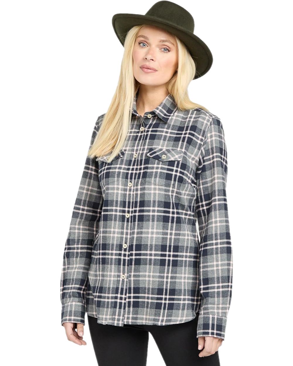 Marled Navy Coloured Hoggs of Fife Eilidh Ladies Shirt on white background #colour_marled-navy