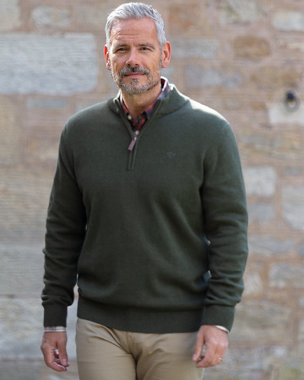 Fern Green coloured Hoggs of Fife Falkirk Quarter Zip Pullover on wall background #colour_fern-green