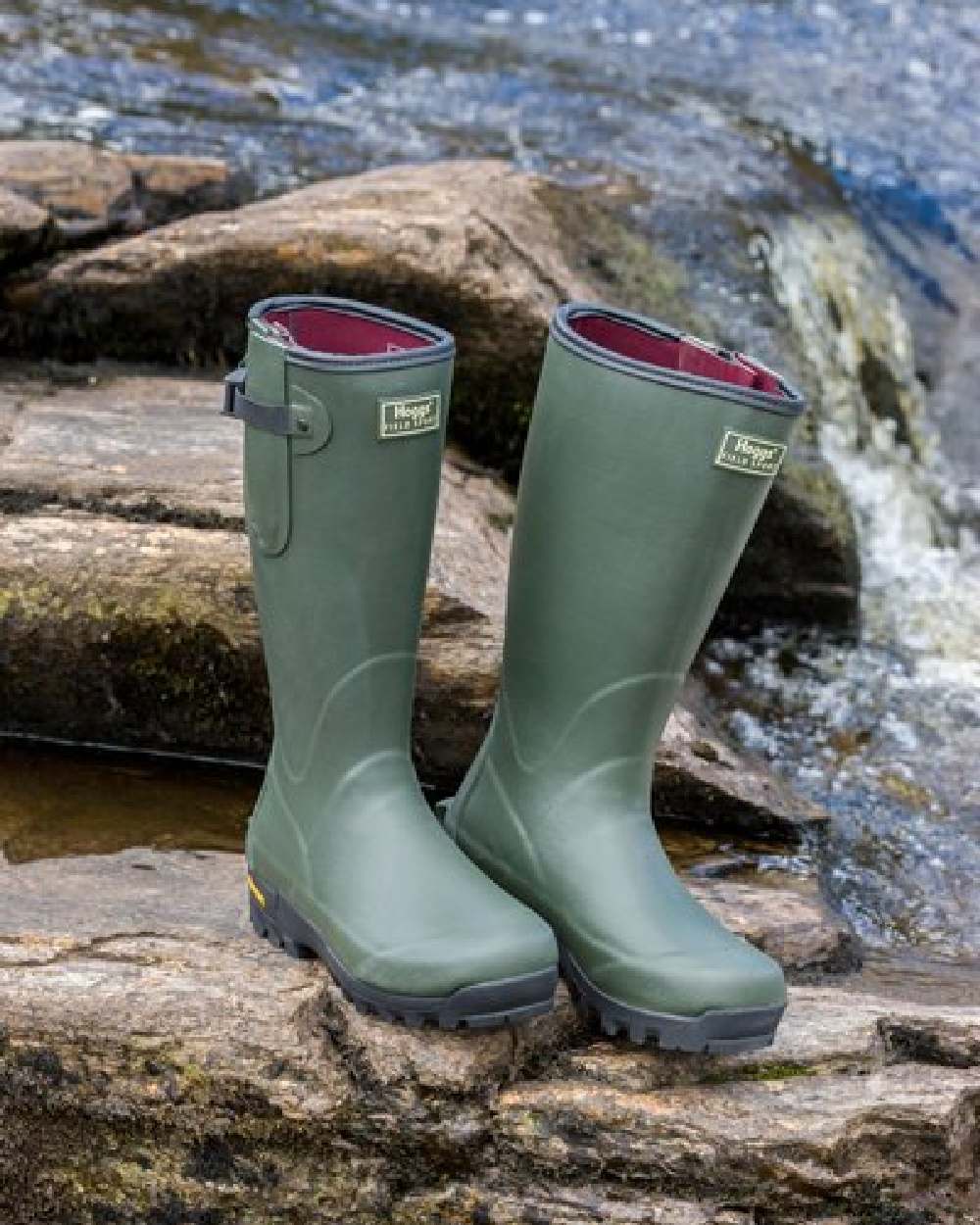 Field Green Coloured Hoggs of Fife Field Sport Neoprene Lined Wellingtons on waterfall background #colour_field-green