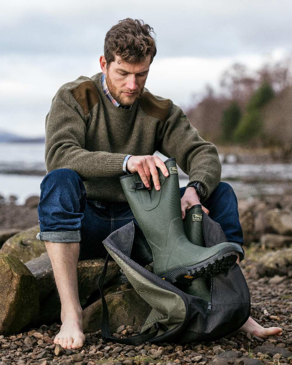 Field Green Coloured Hoggs of Fife Field Sport Neoprene Lined Wellingtons on coastal background #colour_field-green