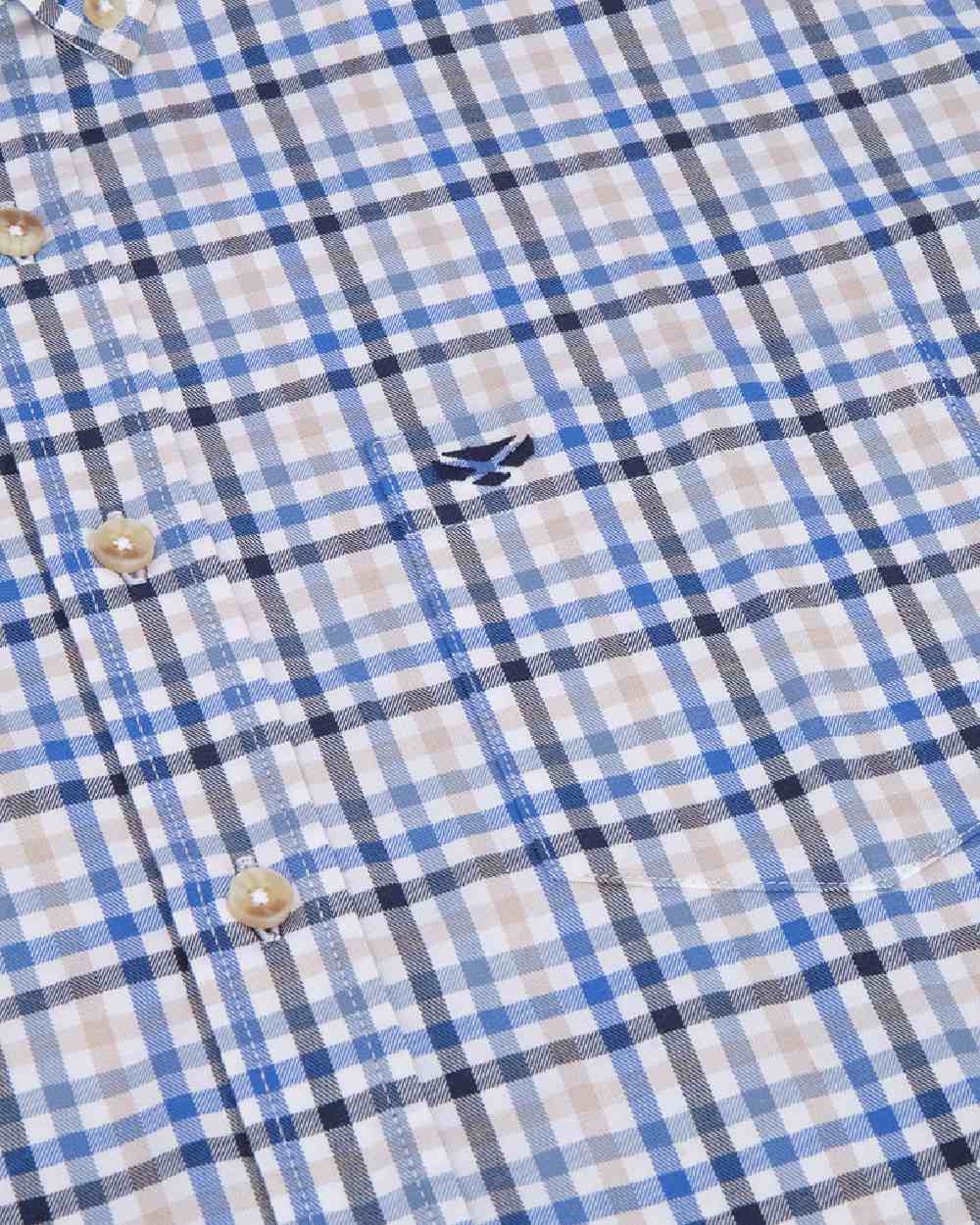 Blue Gold Check Coloured Hoggs of Fife Garvock Cotton Twill Herringbone Check Shirt on white background #colour_blue-gold-check