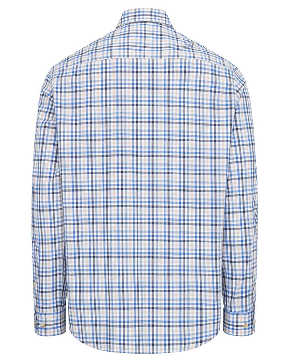 Blue Gold Check Coloured Hoggs of Fife Garvock Cotton Twill Herringbone Check Shirt on white background #colour_blue-gold-check