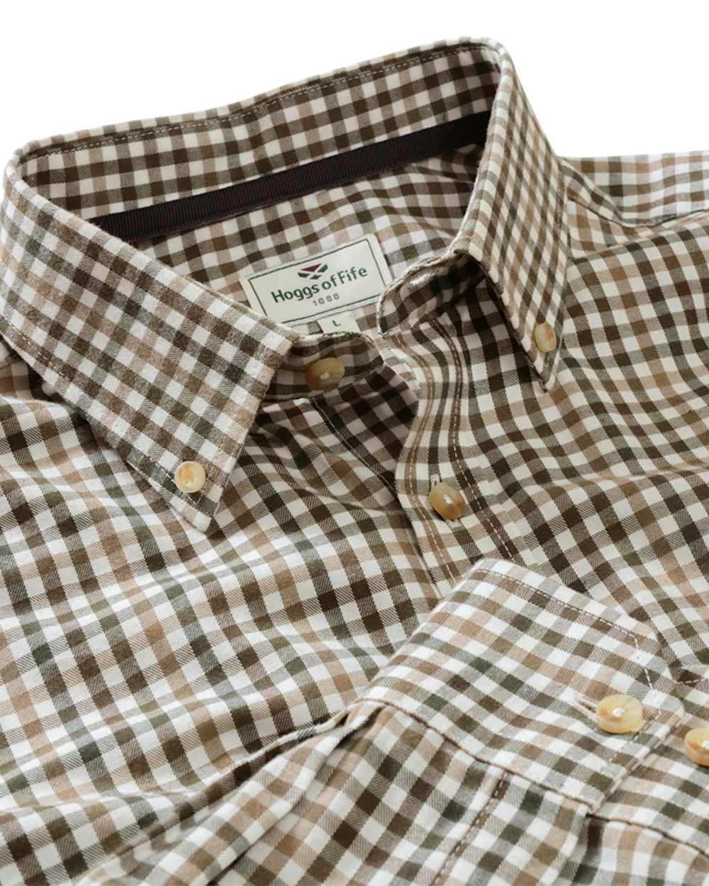 Brown Green Coloured Hoggs of Fife Garvock Cotton Twill Herringbone Check Shirt on white background #colour_brown-green