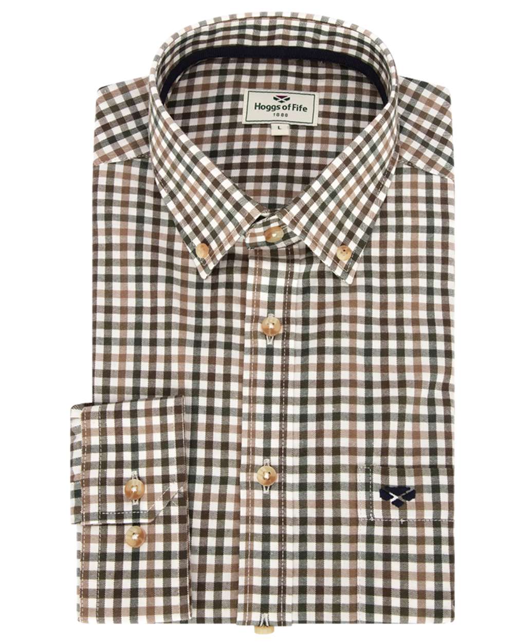Brown Green Coloured Hoggs of Fife Garvock Cotton Twill Herringbone Check Shirt on white background #colour_brown-green