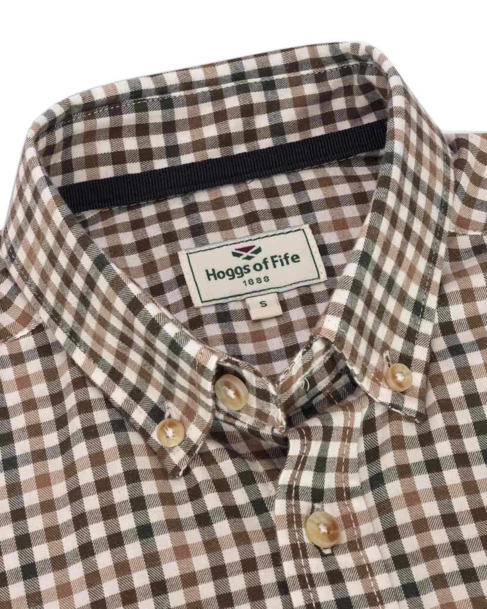 Brown Green Coloured Hoggs of Fife Garvock Cotton Twill Herringbone Check Shirt on white background #colour_brown-green