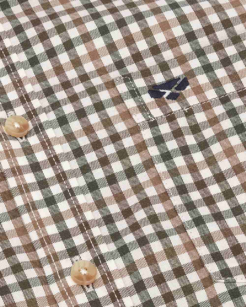 Brown Green Coloured Hoggs of Fife Garvock Cotton Twill Herringbone Check Shirt on white background #colour_brown-green