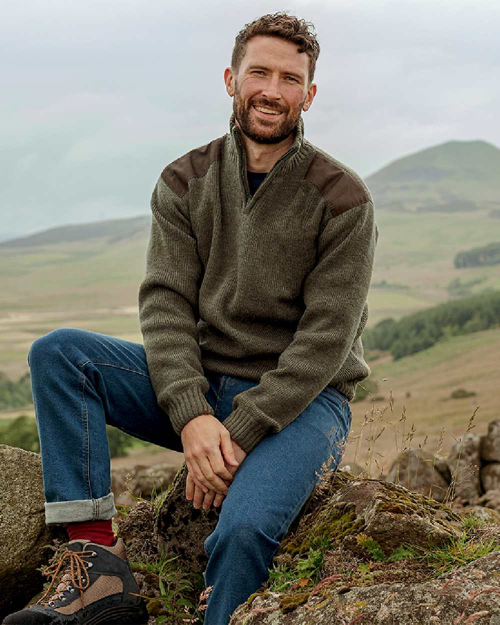 Meadow Green Coloured Hoggs of Fife Hebrides II Quarter Zip Windproof Pullover on mountain background #colour_meadow-green