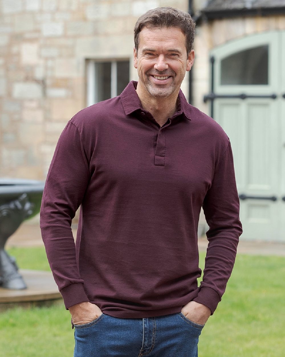 Merlot Coloured Hoggs of Fife Heriot Long Sleeve Rugby Shirt on house background #colour_merlot