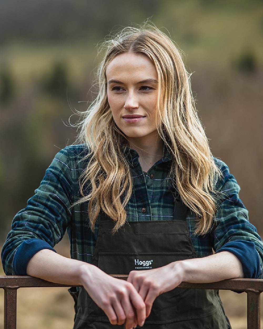 Green Navy Burgundy Coloured Hoggs of Fife Hogg Tartan Womens Shacket on blurry background #colour_green-navy-burgundy