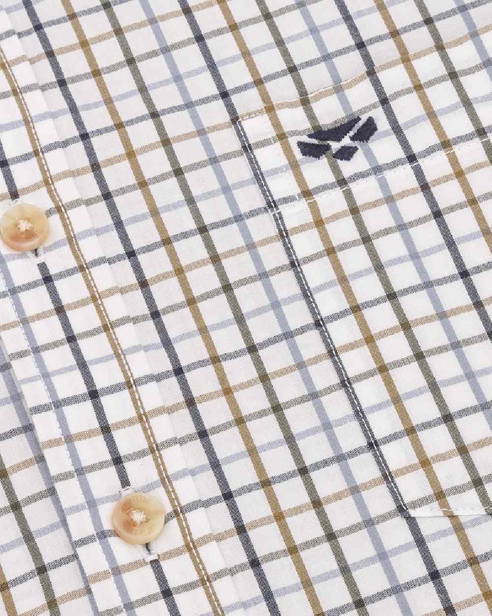 Brown Gold Navy Coloured Hoggs of Fife Inverness Pure Cotton Tattersall Shirt on white background #colour_brown-gold-navy