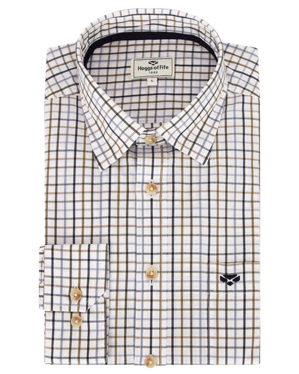 Brown Gold Navy Coloured Hoggs of Fife Inverness Pure Cotton Tattersall Shirt on white background #colour_brown-gold-navy
