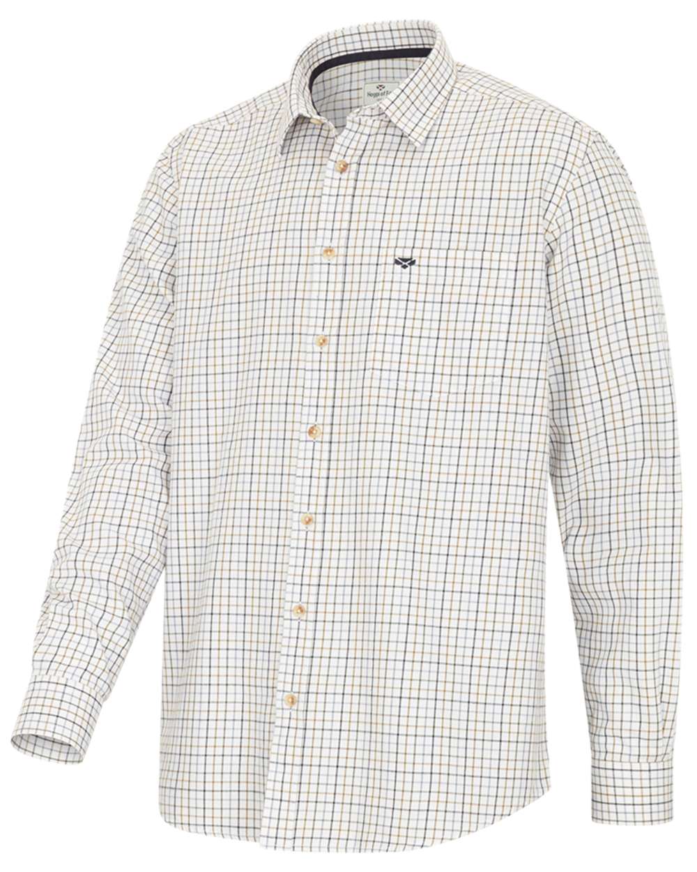 Navy Blue Brown White Coloured Hoggs of Fife Inverness Pure Cotton Tattersall Shirt on white background #colour_navy-blue-brown-white