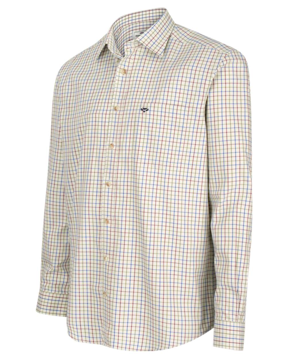 Wine Blue Green Coloured Hoggs of Fife Inverness Pure Cotton Tattersall Shirt on white background #colour_wine-blue-green