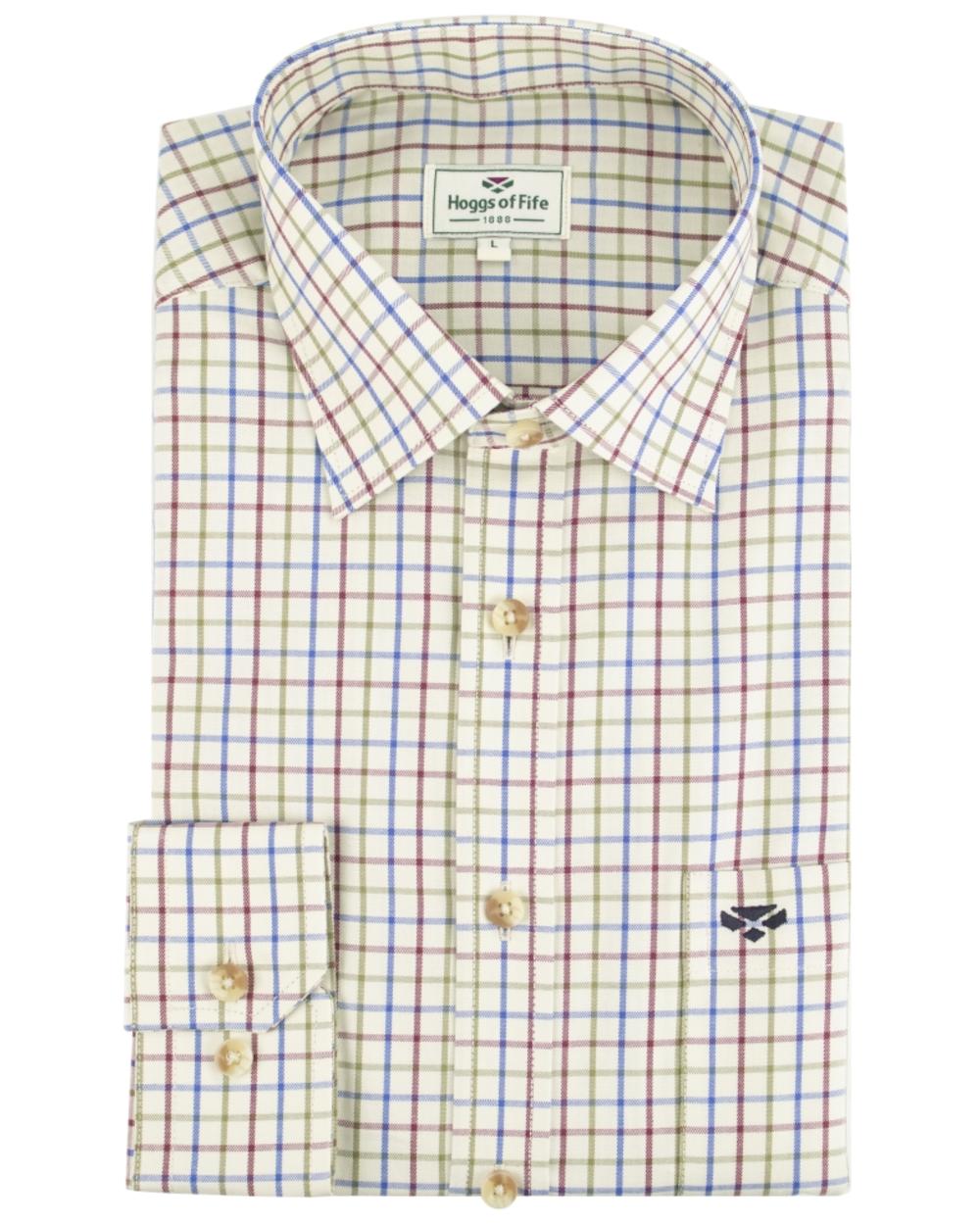Wine Blue Green Coloured Hoggs of Fife Inverness Pure Cotton Tattersall Shirt on white background #colour_wine-blue-green