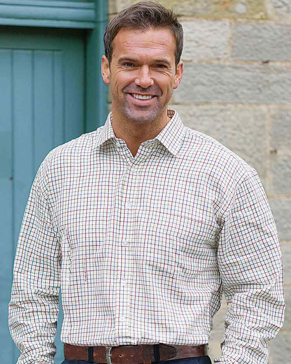 Wine Blue Green Coloured Hoggs of Fife Inverness Pure Cotton Tattersall Shirt on door background #colour_wine-blue-green