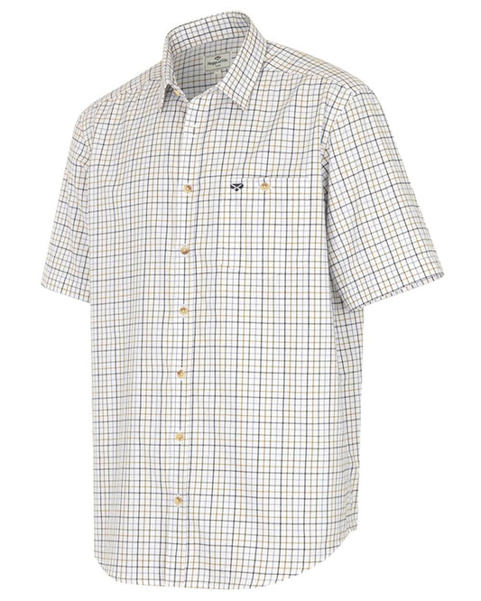 Blue Olive Coloured Hoggs of Fife Kessock Tattersall Short Sleeved Shirt on white background #colour_blue-olive