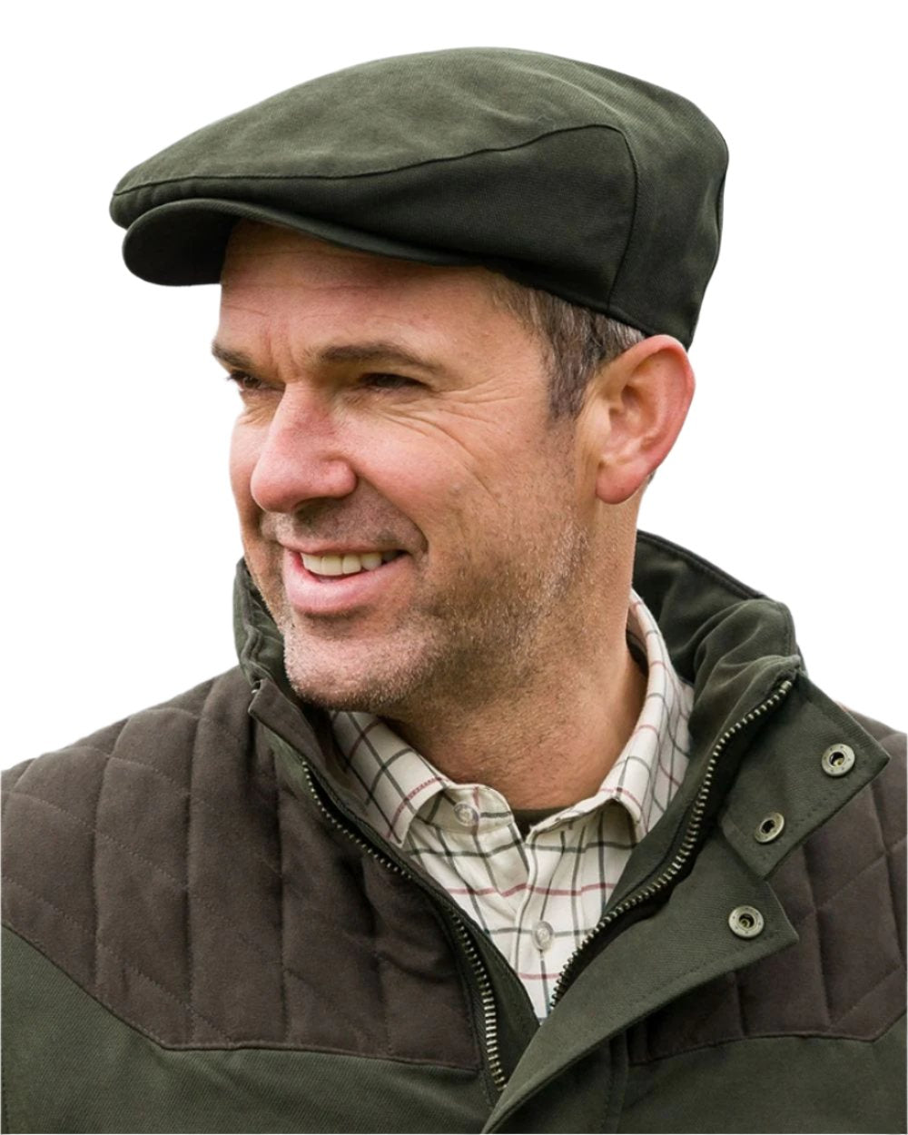 Olive Green Coloured Hoggs of Fife Kincraig Waterproof Tweed Flat Cap on white background #colour_olive-green