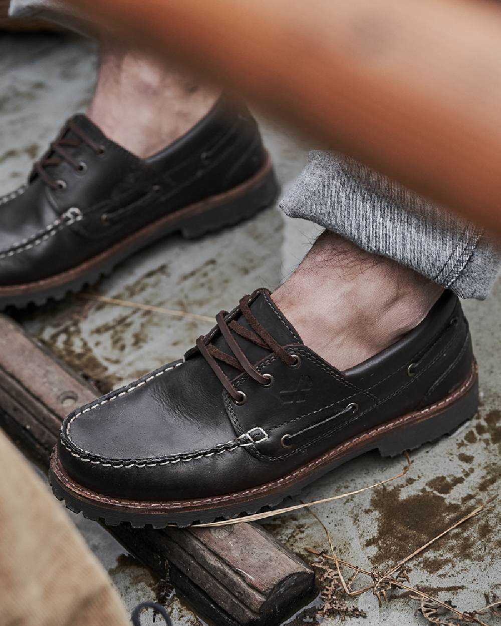 Chestnut Coloured Hoggs of Fife Kintyre Rugged Moccasin Boat Shoes on land background #colour_chestnut