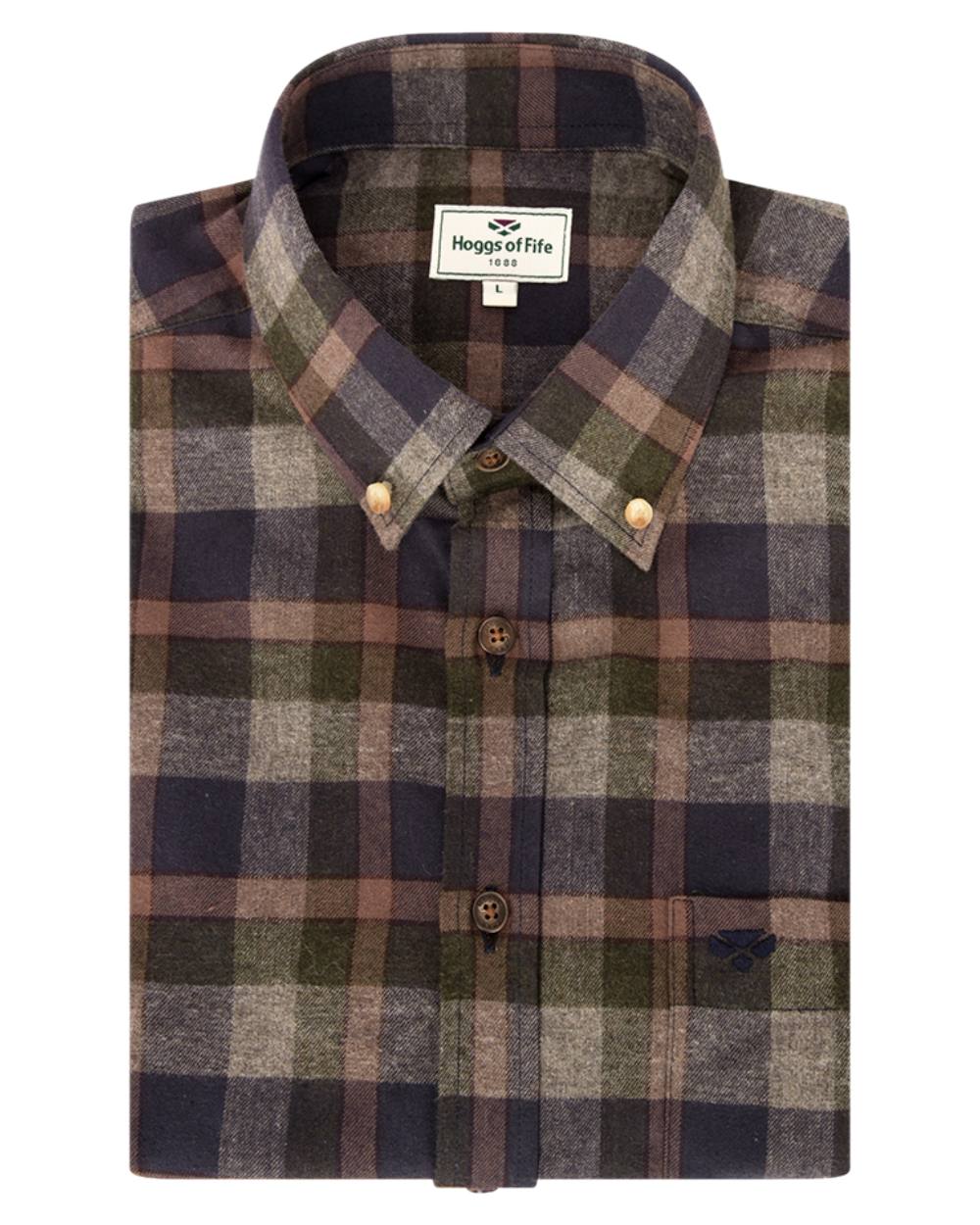 Navy Green Grey Coloured Hoggs of Fife Kirkwall Brushed Flannel Check Shirt on white background #colour_navy-green-grey