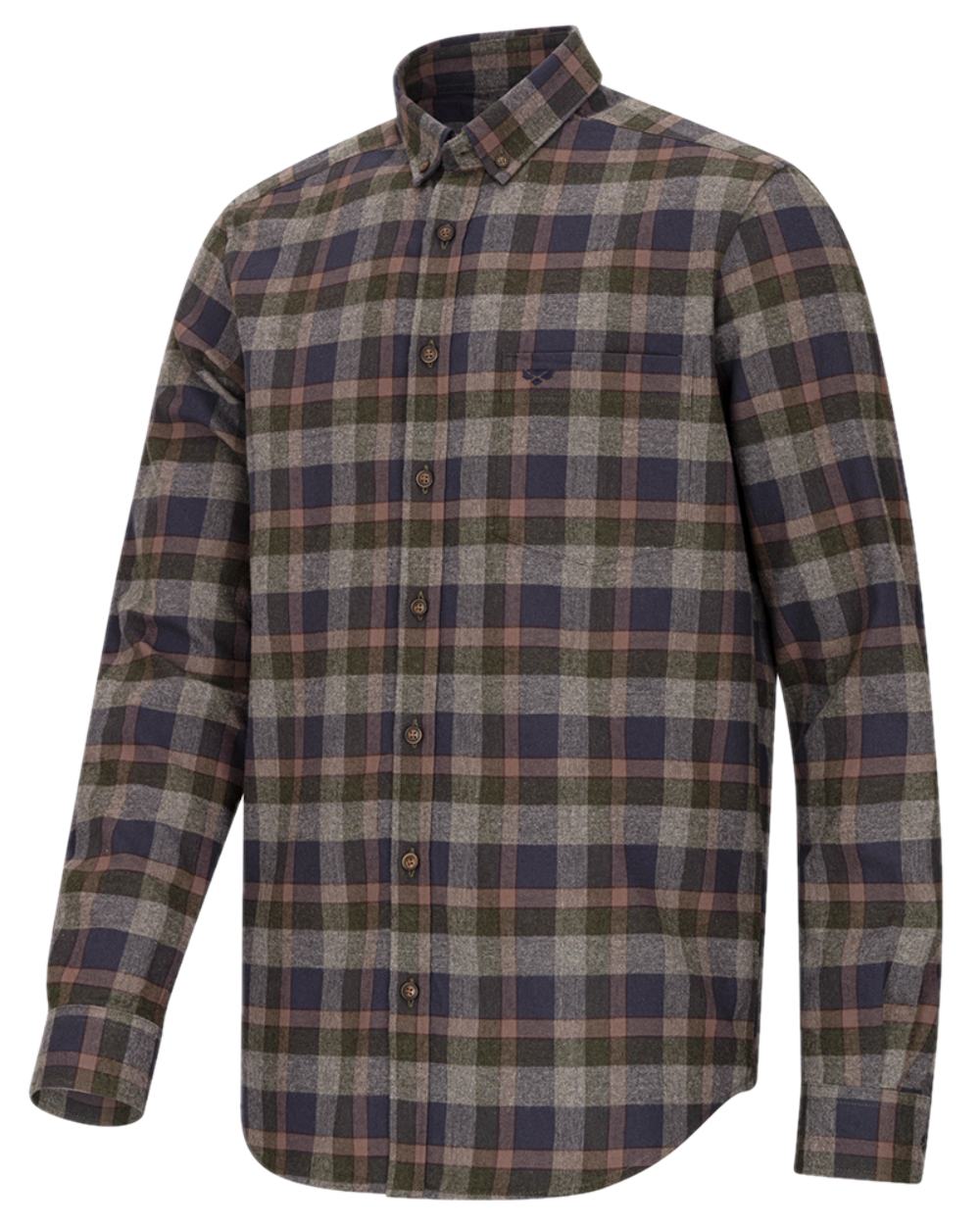 Navy Green Grey Coloured Hoggs of Fife Kirkwall Brushed Flannel Check Shirt on white background #colour_navy-green-grey