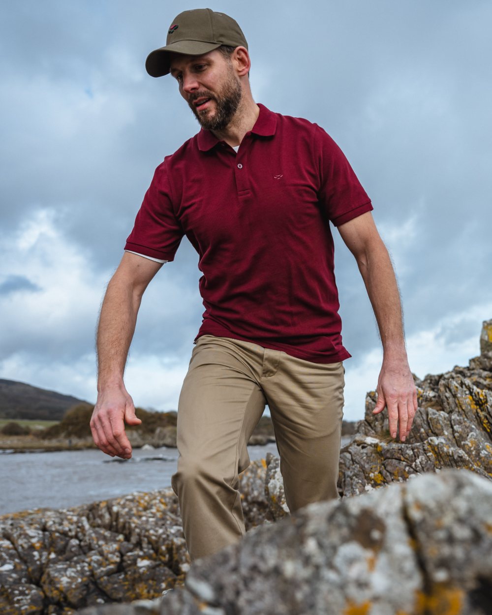 Bordeaux Coloured Hoggs of Fife Largs Pique Polo Shirt on sky background #colour_bordeaux