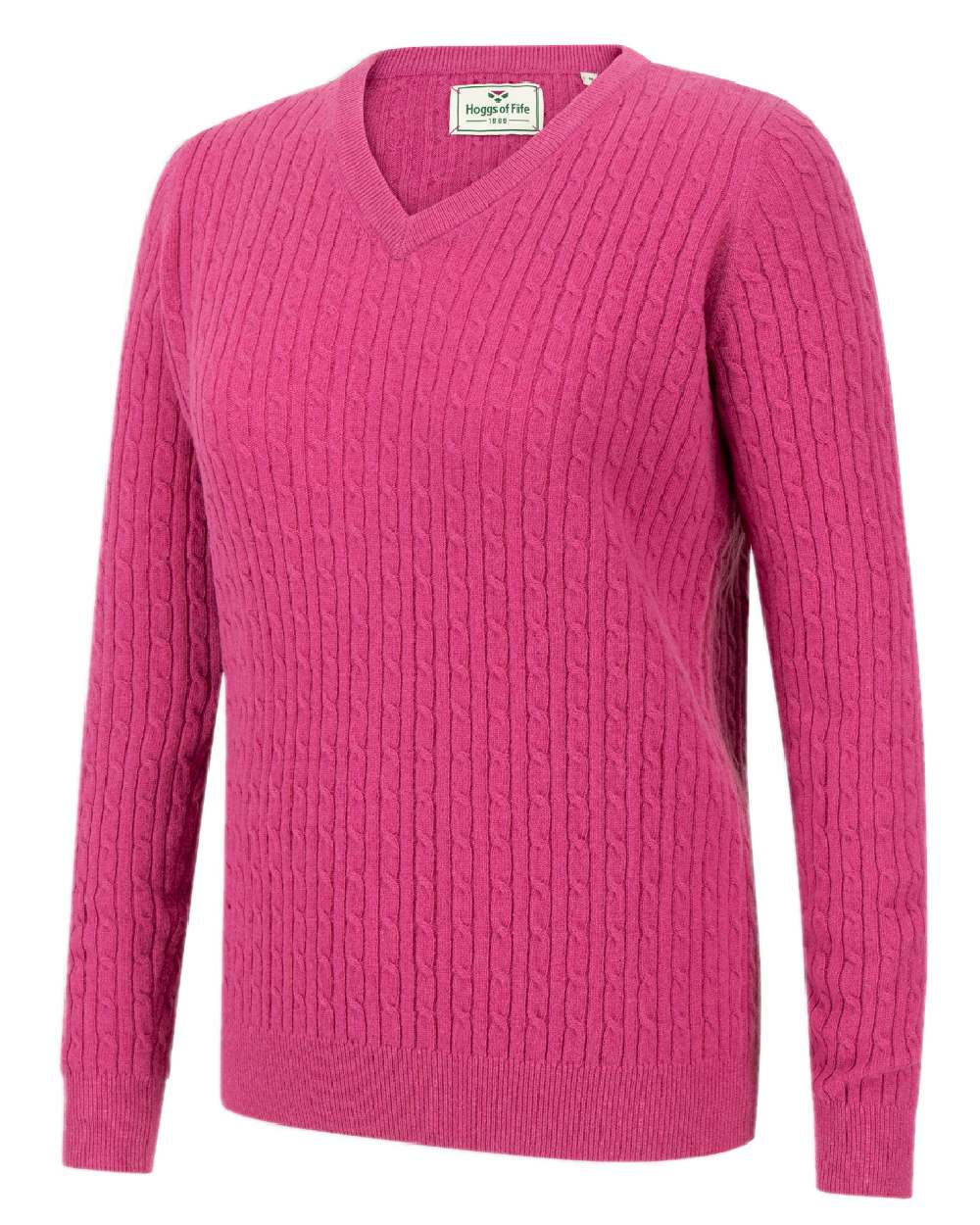 Cerise Coloured Hoggs of Fife Lauder Ladies Cable Pullover on white background #colour_cerise