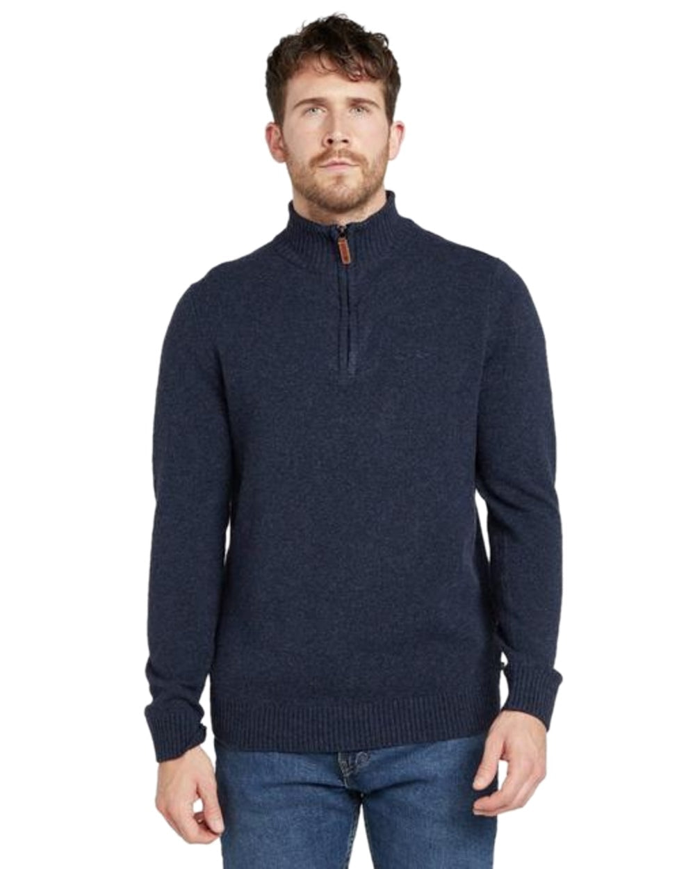 Navy Marl Coloured Hoggs of Fife Lothian II Quarter Zip Pullover on white background #colour_navy-marl